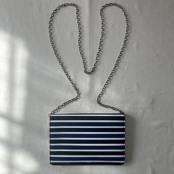 Halogen Clutch Purse Black Blue White Stripe with Silver Chain New with Tags - Picture 4 of 5